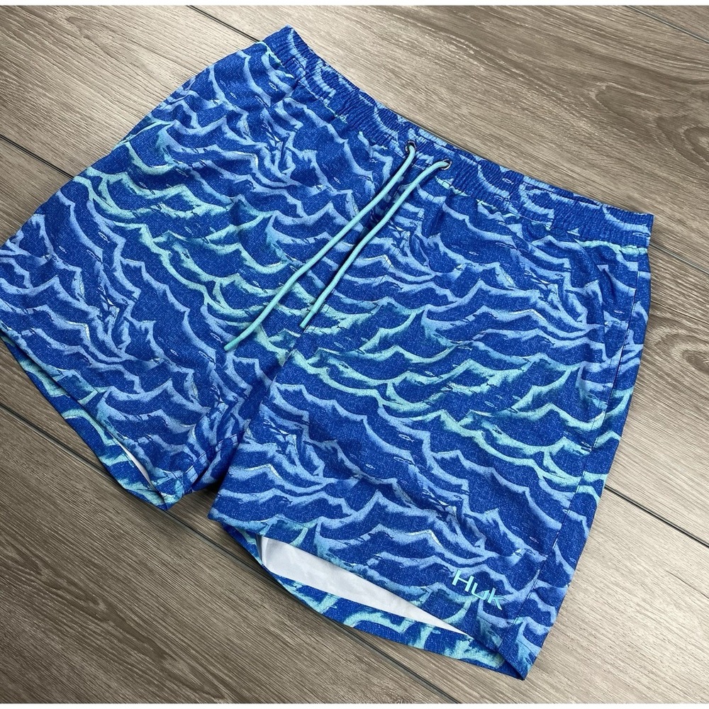 Huk Men's‎ Wave Pattern Swim Trunks Shorts Blue Size XL